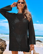 Long Sleeve Crochet Swim Cover Up Beach Dress
