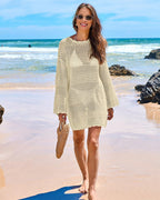 Long Sleeve Crochet Swim Cover Up Beach Dress