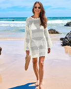 Long Sleeve Crochet Swim Cover Up Beach Dress