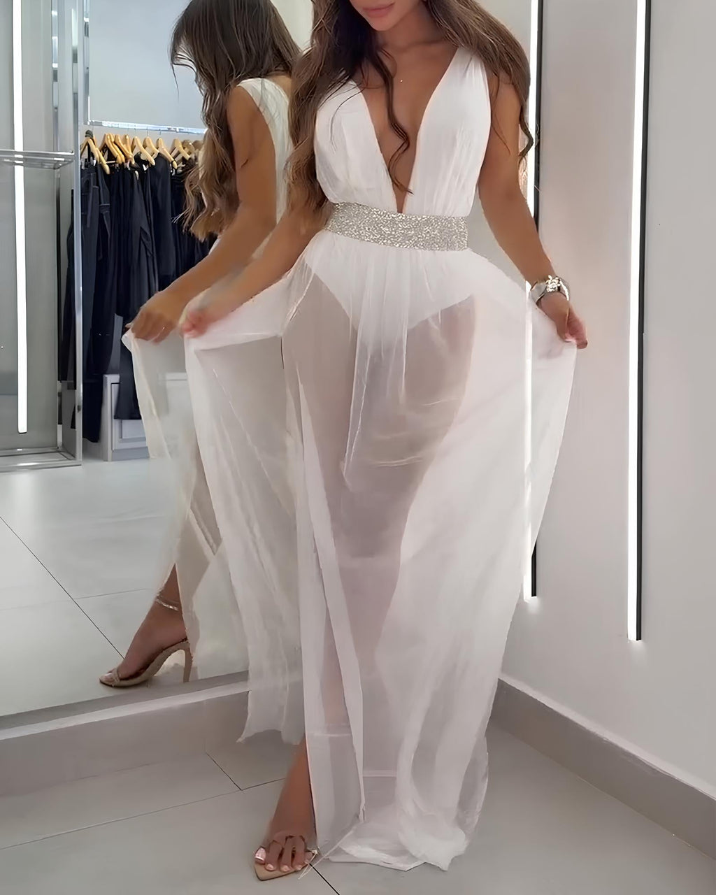 Sexy Deep V Sleeveless White Mesh Slit Long Beach Vacation Dress