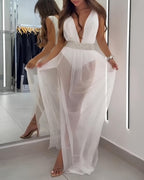 Sexy Deep V Sleeveless White Mesh Slit Long Beach Vacation Dress