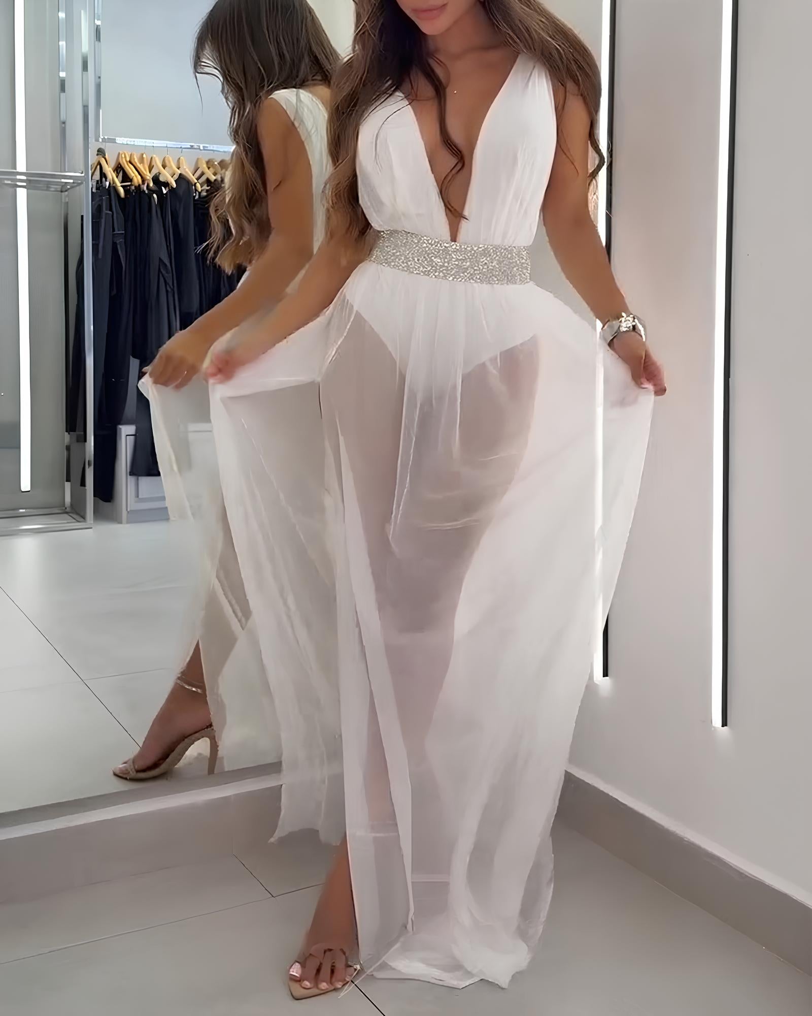 Sexy Deep V Sleeveless White Mesh Slit Long Beach Vacation Dress
