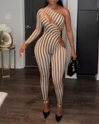 Sexy Striped Colorblock One-shoulder Cutout Long-sleeved Stretch Jumpsuit