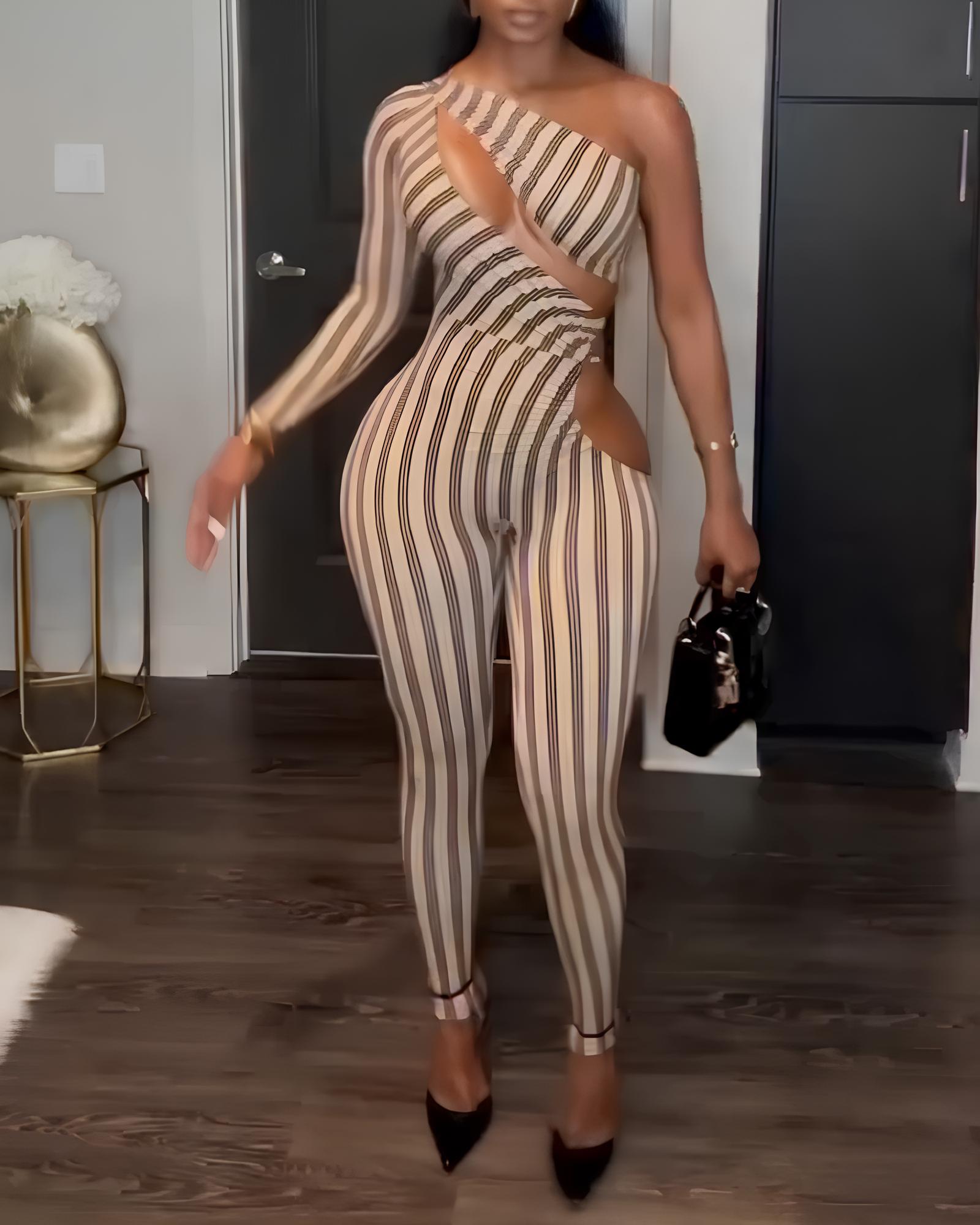 Sexy Striped Colorblock One-shoulder Cutout Long-sleeved Stretch Jumpsuit