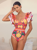 Ruffled Contrast Print One Piece Swimsuit and Sarong