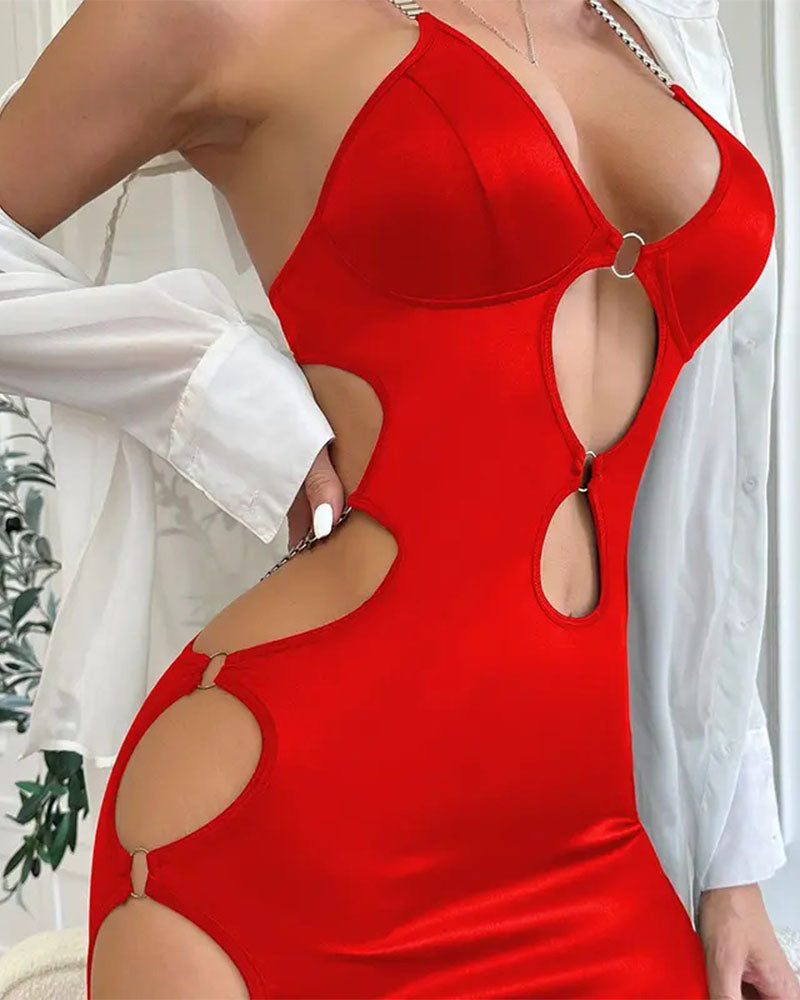 European And American Women's Sexy Hollow Slim-Fit Sheath Dress Deep V Metal Strap