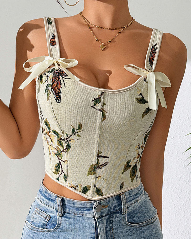 French Style Bow Lace-Up Floral Sexy Body Shaper Women's Sling Printed Slim-Fit Vest Corset