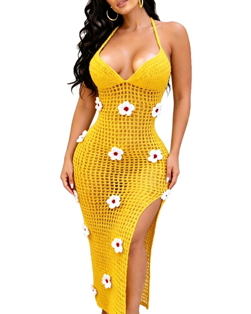 Women’s Knitted Crochet Spaghetti Strap Slit Beach Maxi Dress