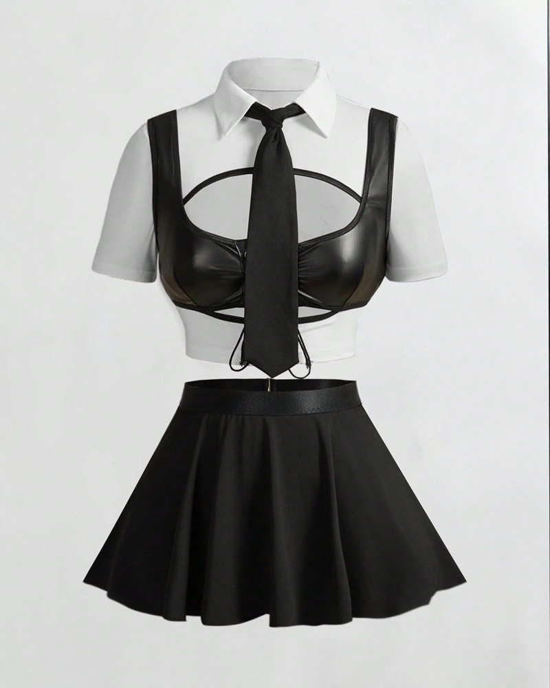 Sexy School-Style Costume Faux Leather Patchwork Lingerie Set