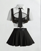 Sexy School-Style Costume Faux Leather Patchwork Lingerie Set