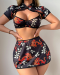 Sexy Vintage Chinese Print Sheer Cut-Out Lingerie Set