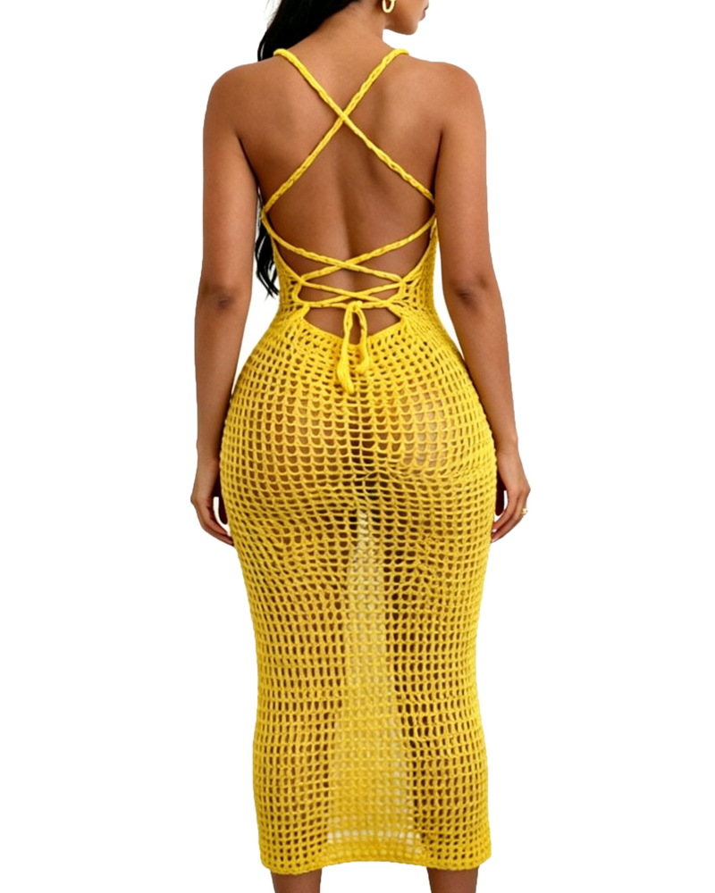 Women’s Knitted Crochet Spaghetti Strap Slit Beach Maxi Dress