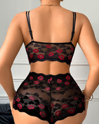 Sexy Red Lips Embroidered Lace See-Through Lingerie Set