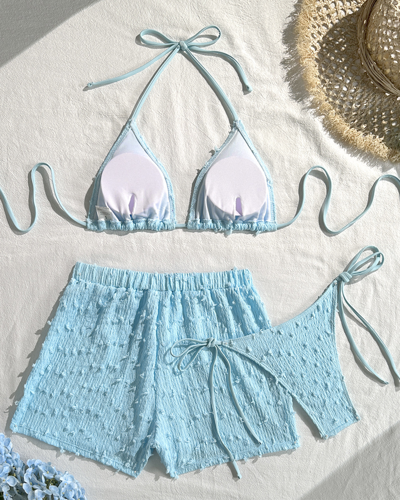 Minimalist Solid Halter Bikini Set with Shorts