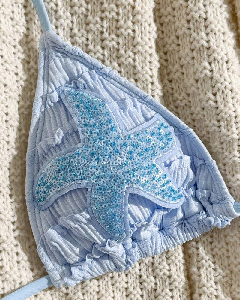 Halter Neck Starfish Sequin Embroidered Two-Piece Bikini Set