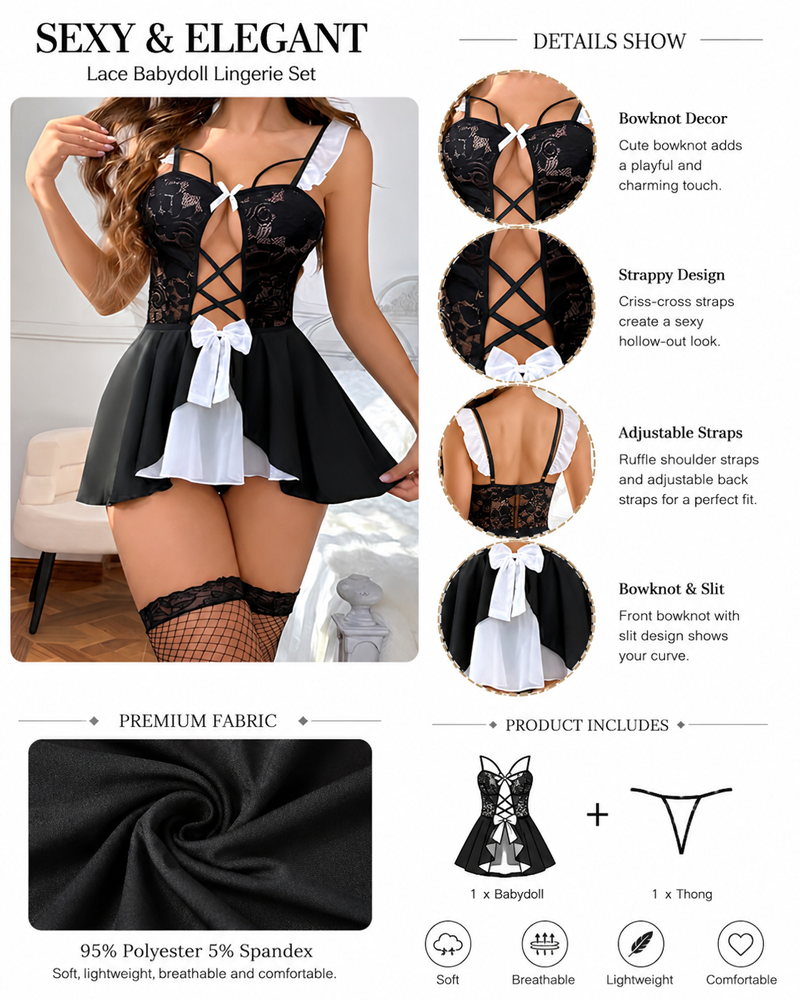 Black and White Lace Mesh Patchwork Side Slit Lingerie Set