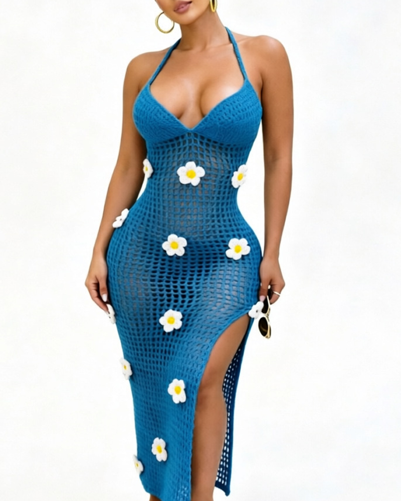 Women’s Knitted Crochet Spaghetti Strap Slit Beach Maxi Dress