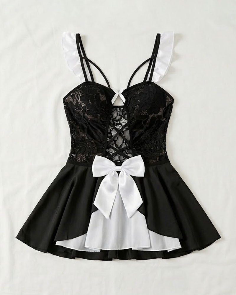 Black and White Lace Mesh Patchwork Side Slit Lingerie Set