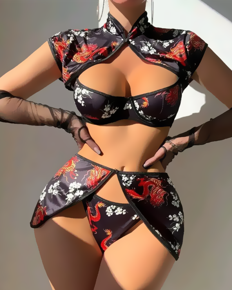 Sexy Vintage Chinese Print Sheer Cut-Out Lingerie Set