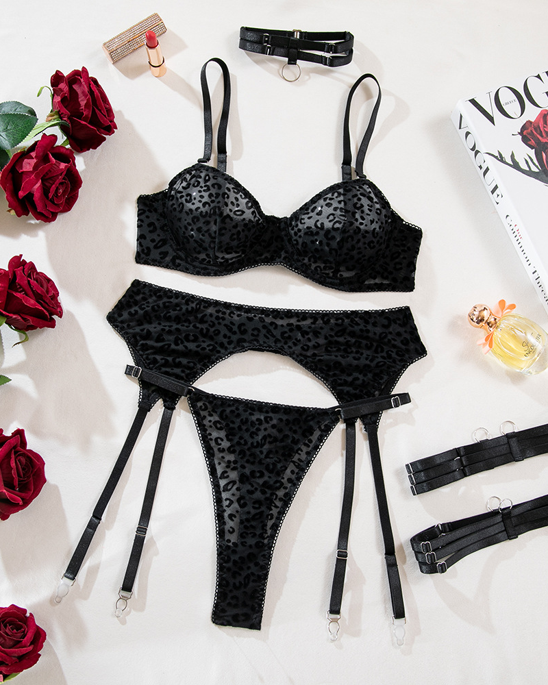 Sexy Flocked Leopard Print Sheer Black Mesh Lingerie Set