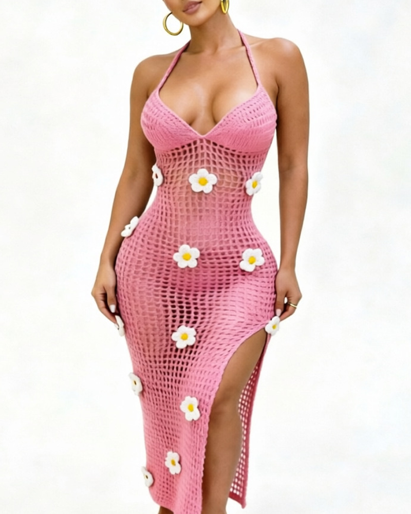 Women’s Knitted Crochet Spaghetti Strap Slit Beach Maxi Dress
