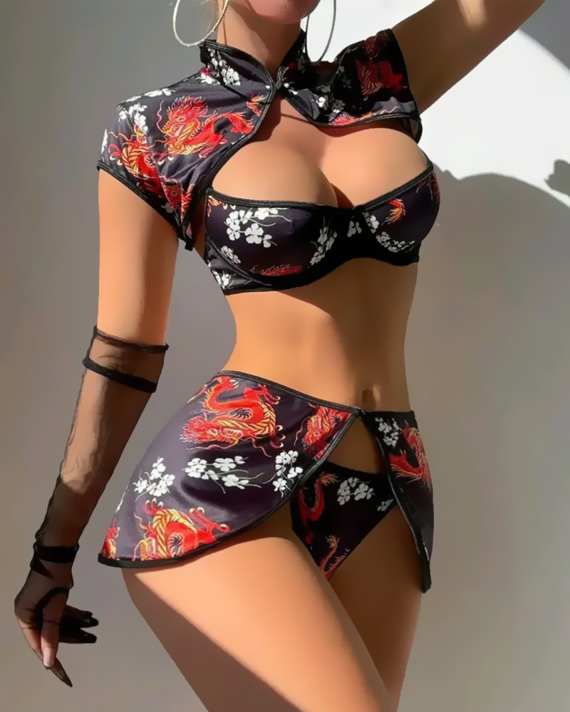 Sexy Vintage Chinese Print Sheer Cut-Out Lingerie Set