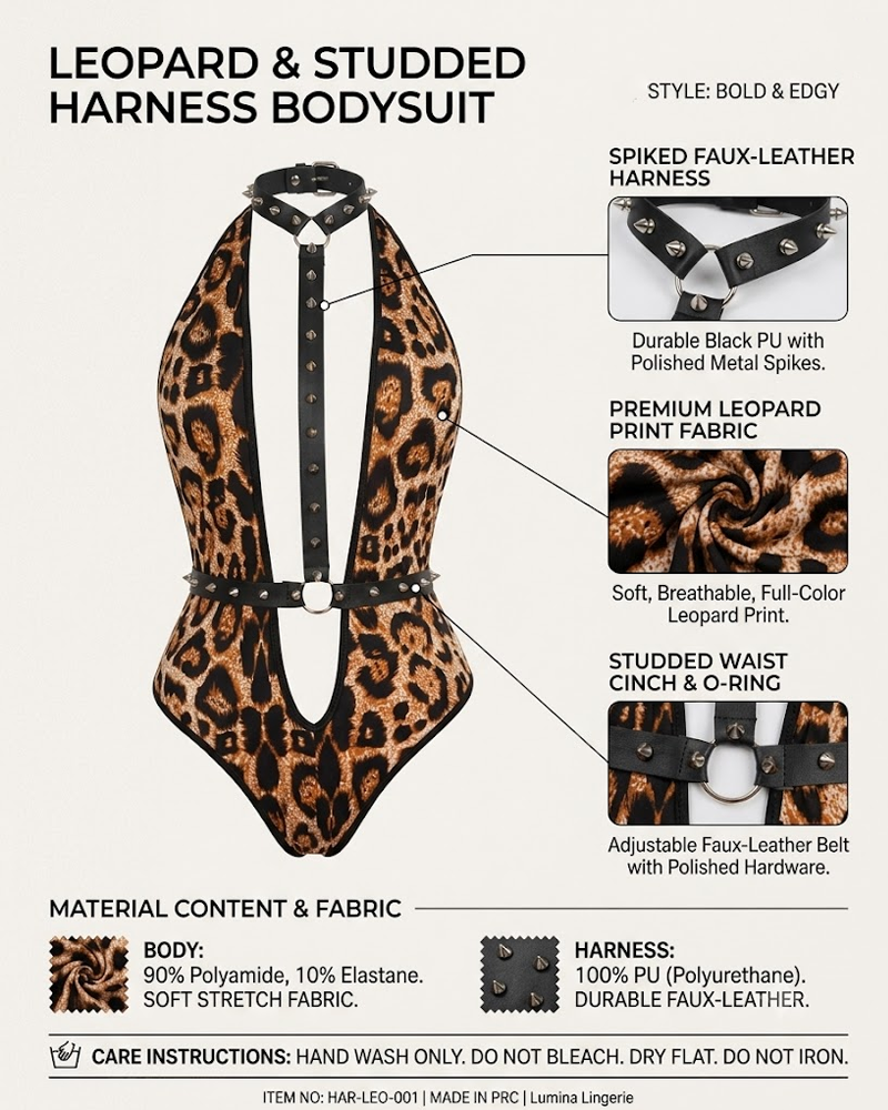 Sexy Leopard Print Studded Cut-Out Strappy Bodysuit
