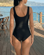 Black One-Shoulder Tummy Control Laser-Cut Floral Swimsuit Set