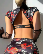 Sexy Vintage Chinese Print Sheer Cut-Out Lingerie Set