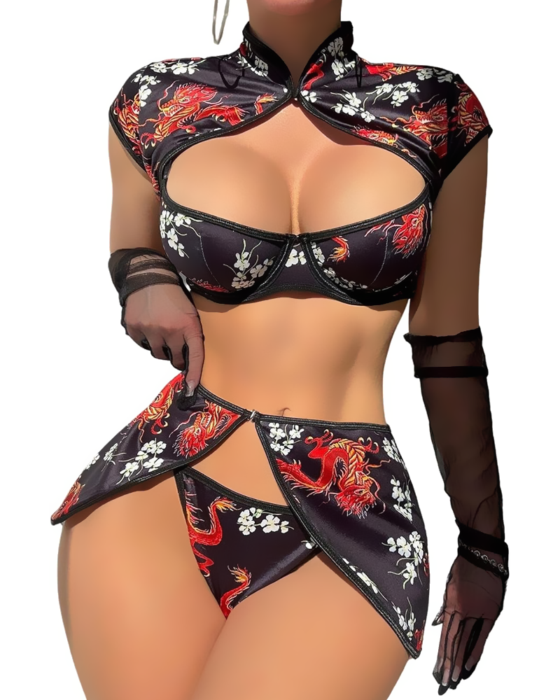 Sexy Vintage Chinese Print Sheer Cut-Out Lingerie Set