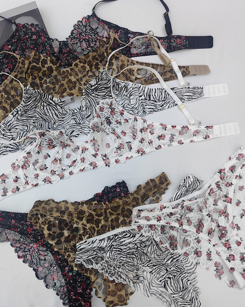 Sexy Deep V Printed Ultra-Thin Sheer Lace Bra Set