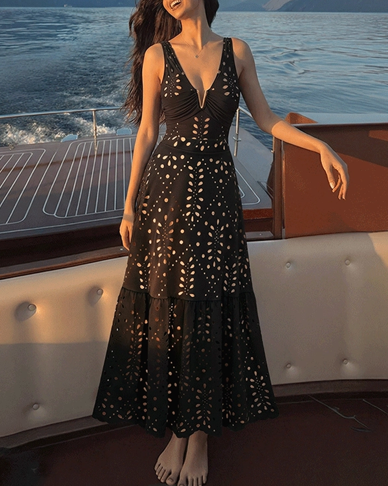 Black One-Shoulder Tummy Control Laser-Cut Floral Swimsuit Set