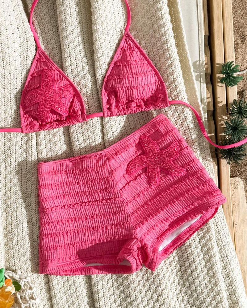 Halter Neck Starfish Sequin Embroidered Two-Piece Bikini Set