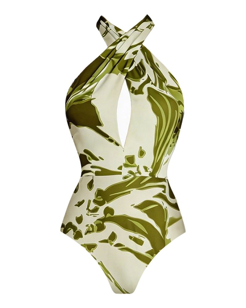 Green & White Halter Neck Swimsuit Set