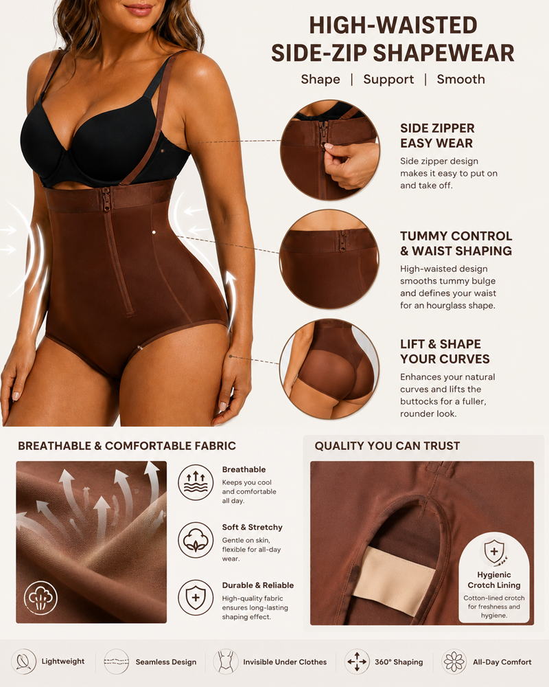 Highly Breathable High-Waisted Side-Zip Shapewear Bodysuits