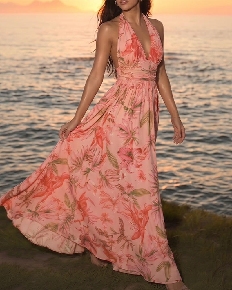 Sexy Pink Lily Print Swimsuit Set