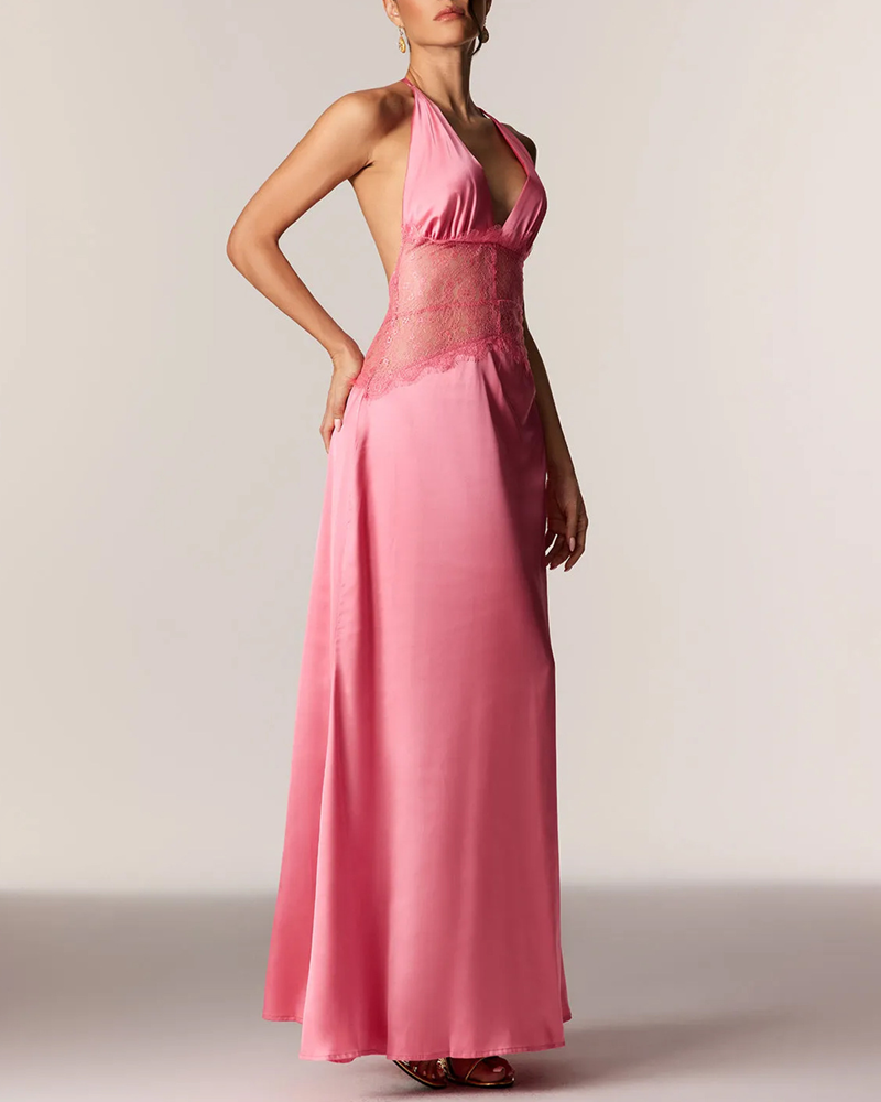 Elegant V-Neck Halter Lace and Satin Patchwork Maxi Dress