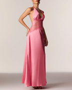 Elegant V-Neck Halter Lace and Satin Patchwork Maxi Dress
