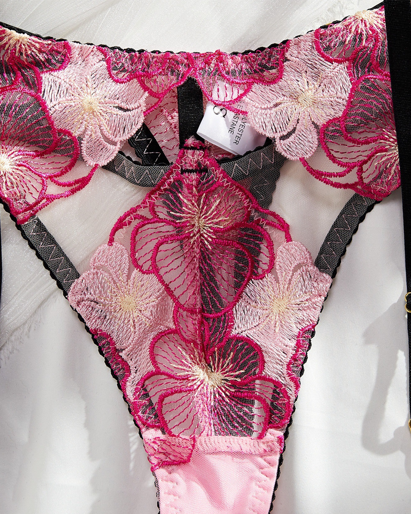 Sexy Deep-V Shaping Sheer Floral Embroidered Lingerie Set