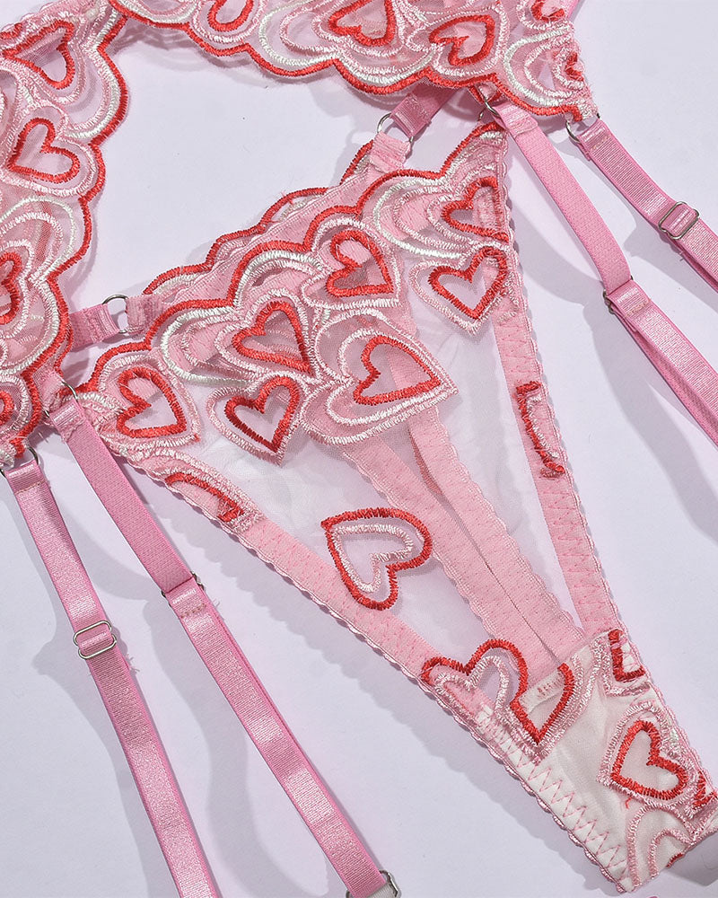 Open Cup Lingerie Set – Sexy Embroidery Temptation 4-Piece Set