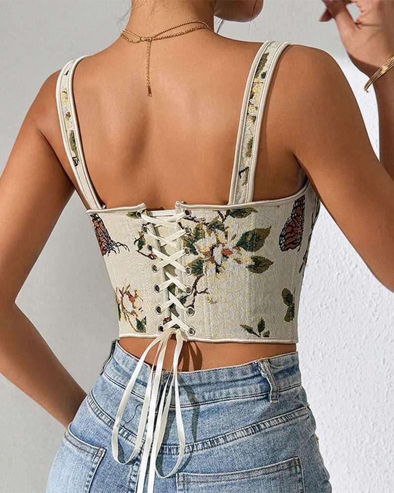 French Style Bow Lace-Up Floral Sexy Body Shaper Women's Sling Printed Slim-Fit Vest Corset