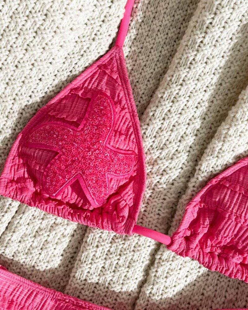 Halter Neck Starfish Sequin Embroidered Two-Piece Bikini Set