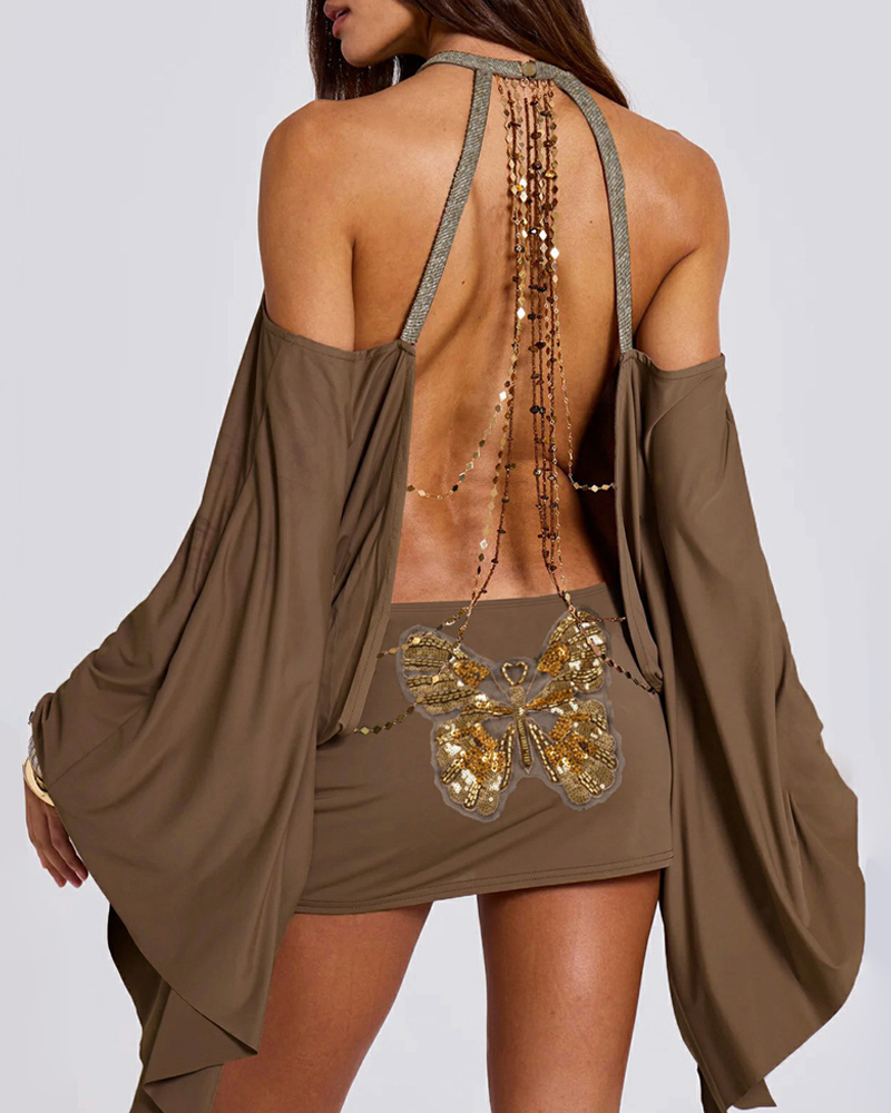Sexy Halter Off-Shoulder Backless Bodycon Batwing Sleeve Dress
