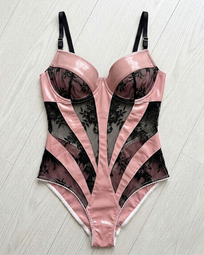 Sexy Faux Leather Lace Patchwork Sheer Teddy Bodysuit