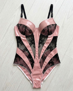 Sexy Faux Leather Lace Patchwork Sheer Teddy Bodysuit