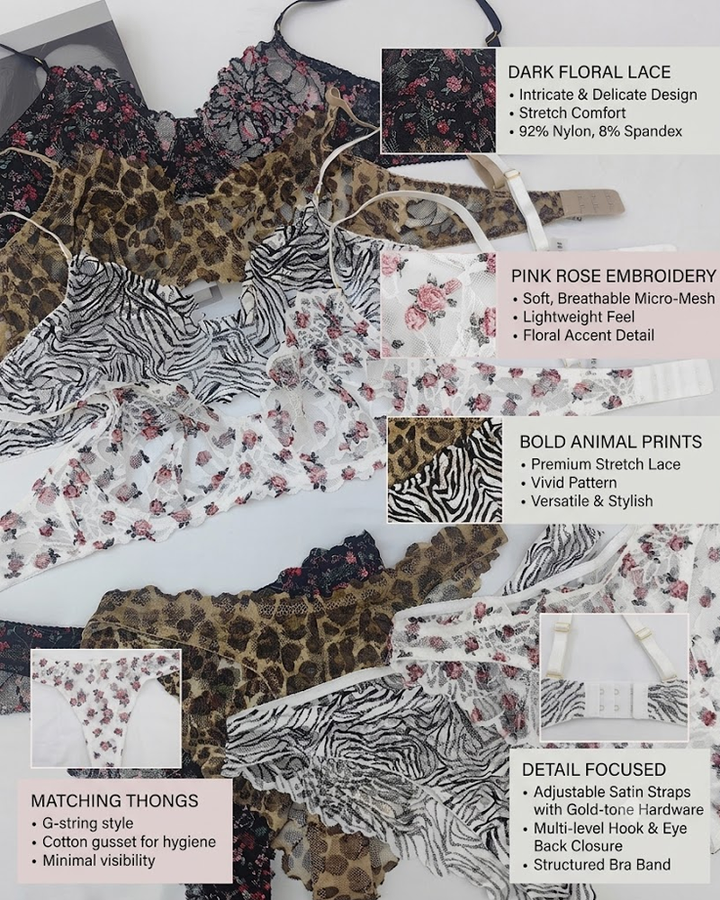 Sexy Deep V Printed Ultra-Thin Sheer Lace Bra Set