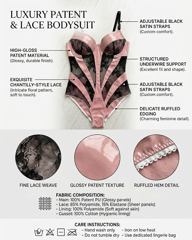 Sexy Faux Leather Lace Patchwork Sheer Teddy Bodysuit
