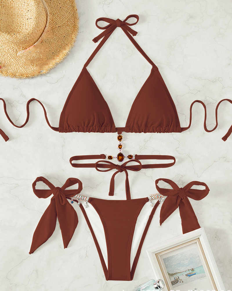 Rhinestone Cutout Back Tie Bikini