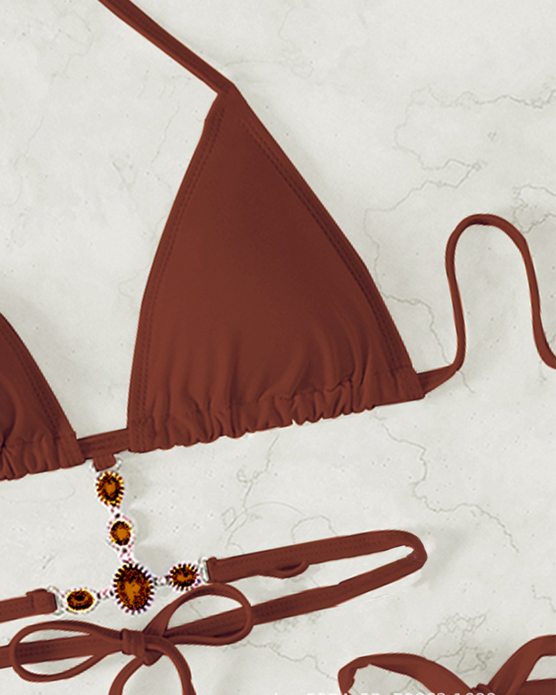 Rhinestone Cutout Back Tie Bikini