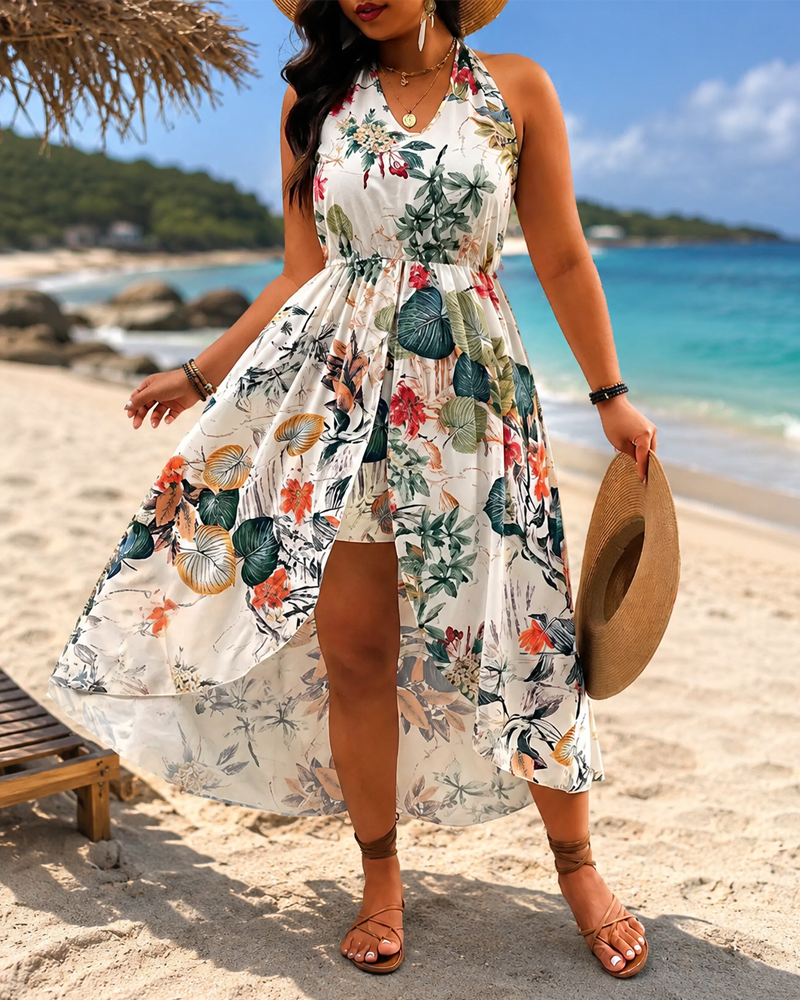 Plus Size Bohemian Print Halter Dress and Shorts Set
